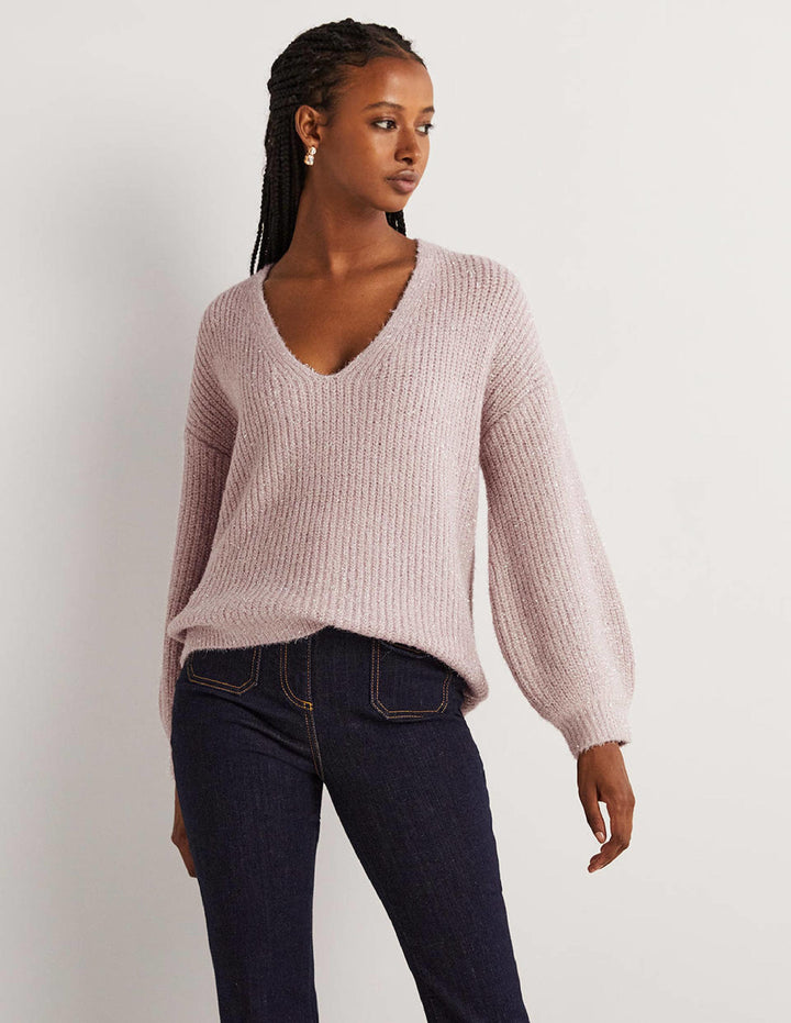 Chunky Fluffy V-Neck Jumper-Cameo Pink Sparkle