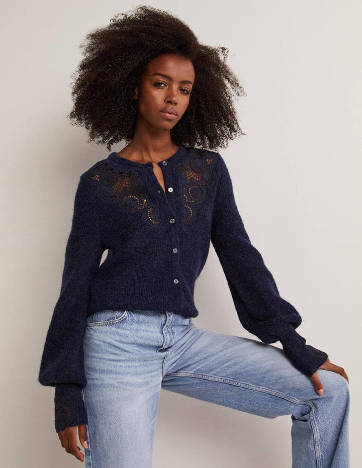 Detail Fluffy Cardigan-Navy Embroidery