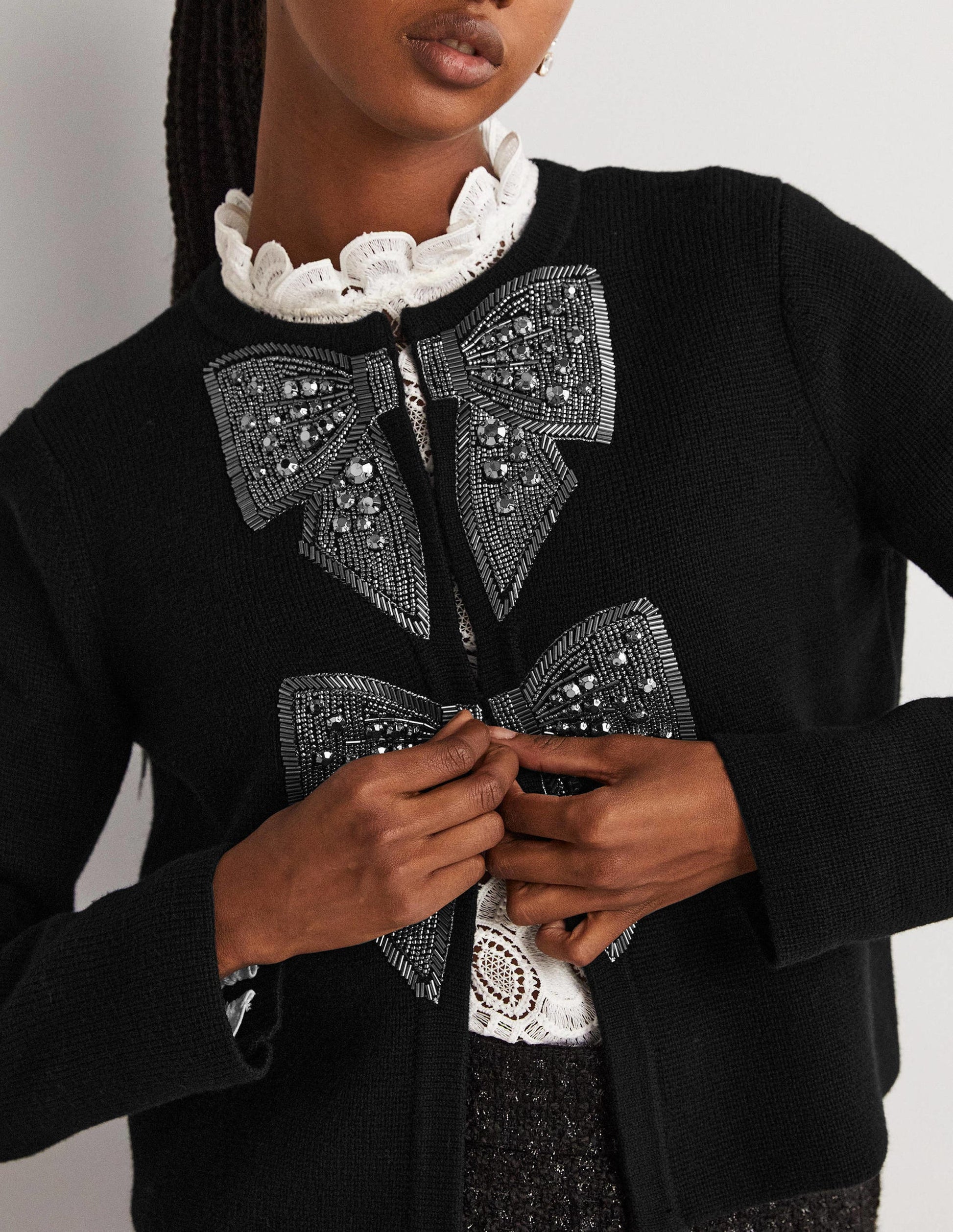 Embellished Knitted Jacket-Black, Embellished Bows-2