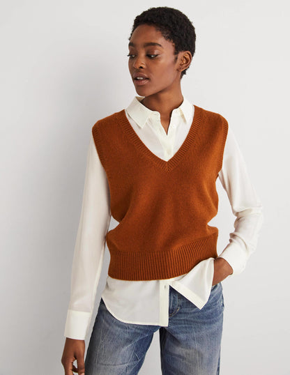 Cashmere V-Neck Knitted Tank-Copper Red-1