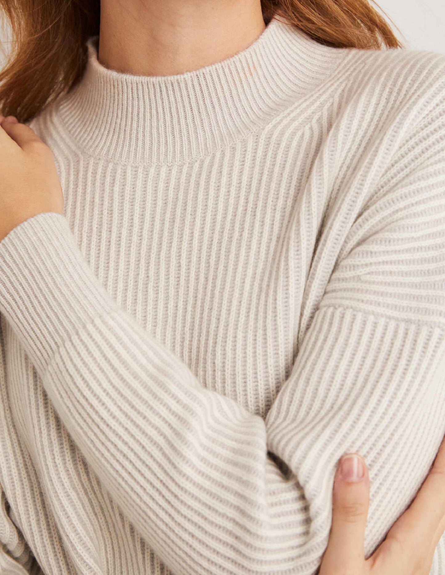 Cashmere Ribbed Jumper-Pale Grey, Ivory
