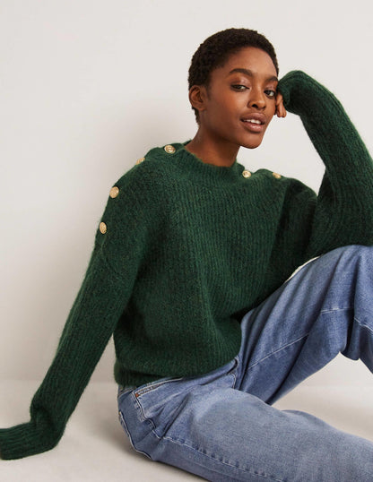 Fluffy Ribbed Button Jumper-Hunter Green-1