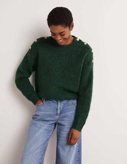 Fluffy Ribbed Button Jumper-Hunter Green-2