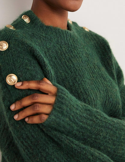 Fluffy Ribbed Button Jumper-Hunter Green-3