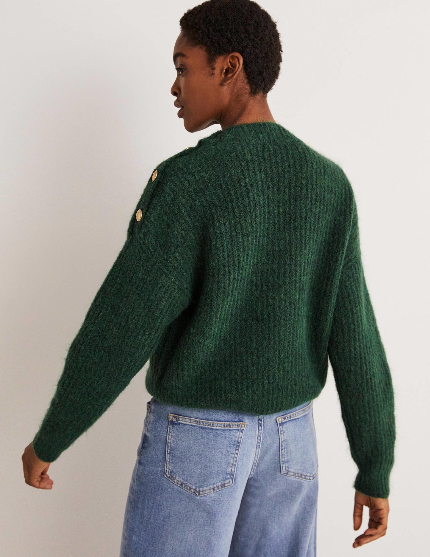 Fluffy Ribbed Button Jumper-Hunter Green