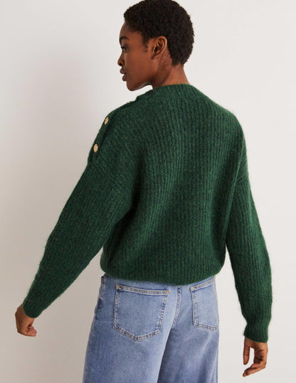 Fluffy Ribbed Button Jumper-Hunter Green-4