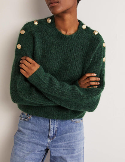 Fluffy Ribbed Button Jumper-Hunter Green-5