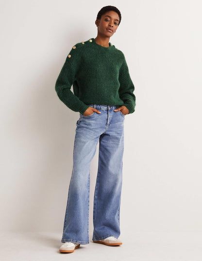 Fluffy Ribbed Button Jumper-Hunter Green-6