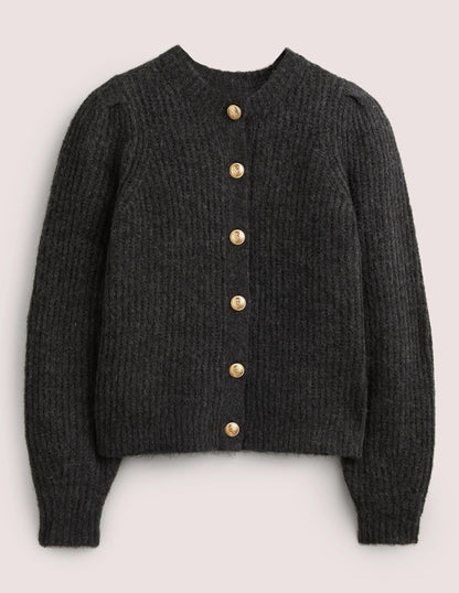 Gold Button Fluffy Cardigan-Charcoal Melange-6