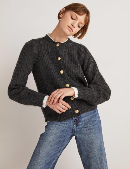 Gold Button Fluffy Cardigan-Charcoal Melange-1