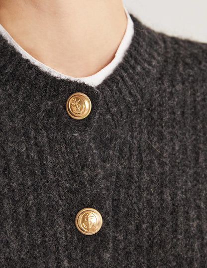 Gold Button Fluffy Cardigan-Charcoal Melange-2