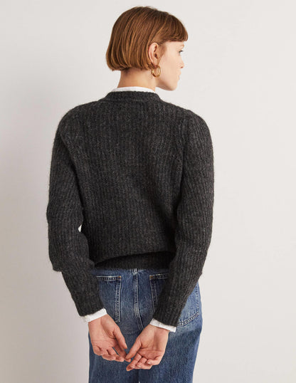 Gold Button Fluffy Cardigan-Charcoal Melange-3