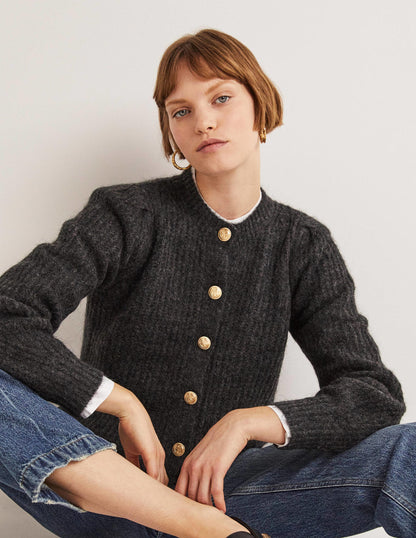 Gold Button Fluffy Cardigan-Charcoal Melange-4