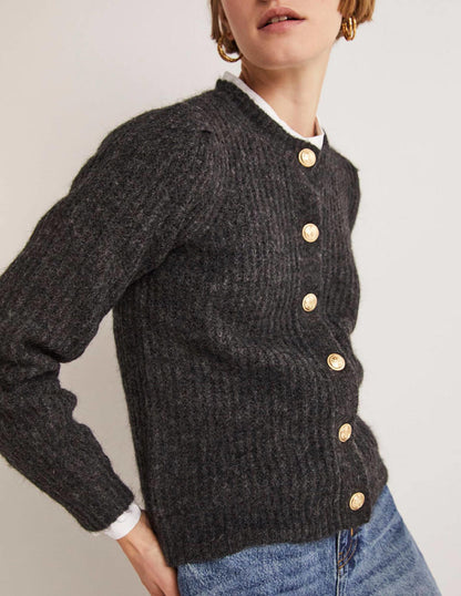 Gold Button Fluffy Cardigan-Charcoal Melange-5