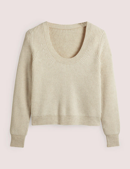 Cashmere Scoop Neck Jumper-Oatmeal Melange, Ivory-5