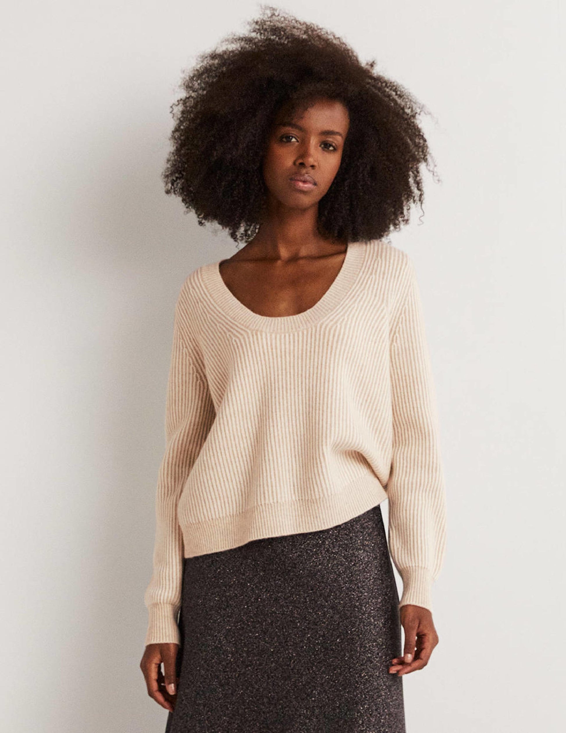 Cashmere Scoop Neck Jumper-Oatmeal Melange, Ivory-1