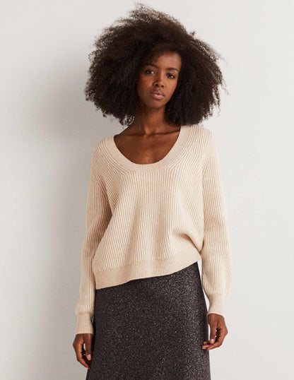 Cashmere Scoop Neck Jumper-Oatmeal Melange, Ivory-1
