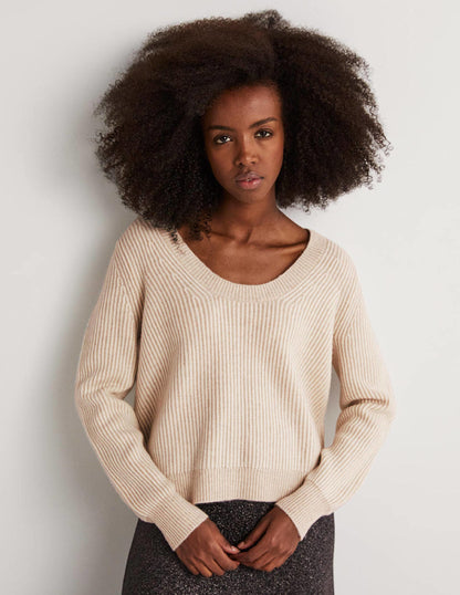 Cashmere Scoop Neck Jumper-Oatmeal Melange, Ivory-4