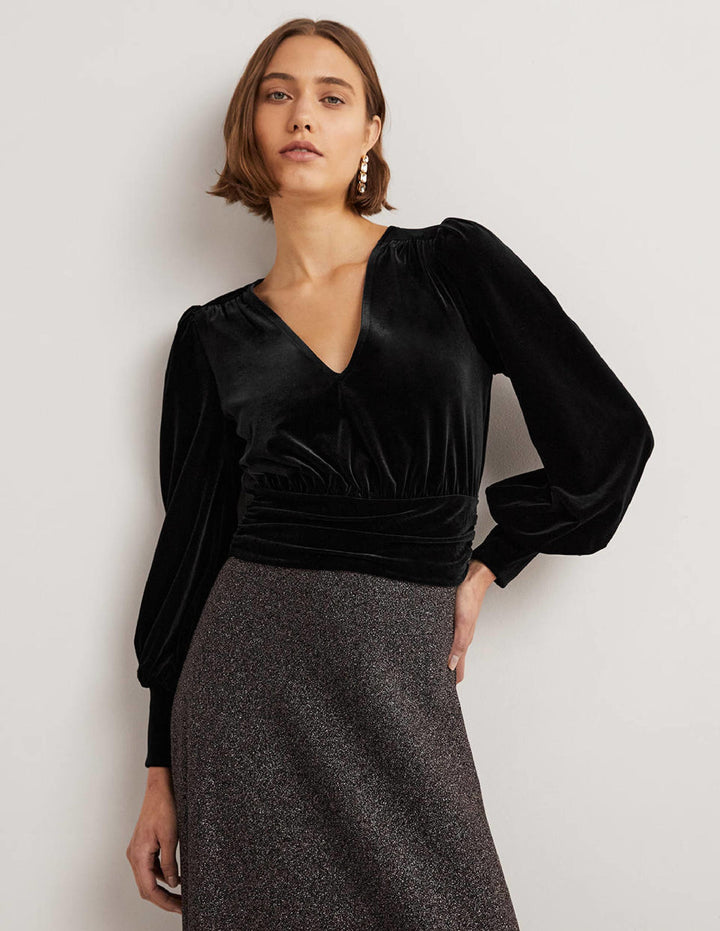 Cropped Velvet Blouson Top-Black