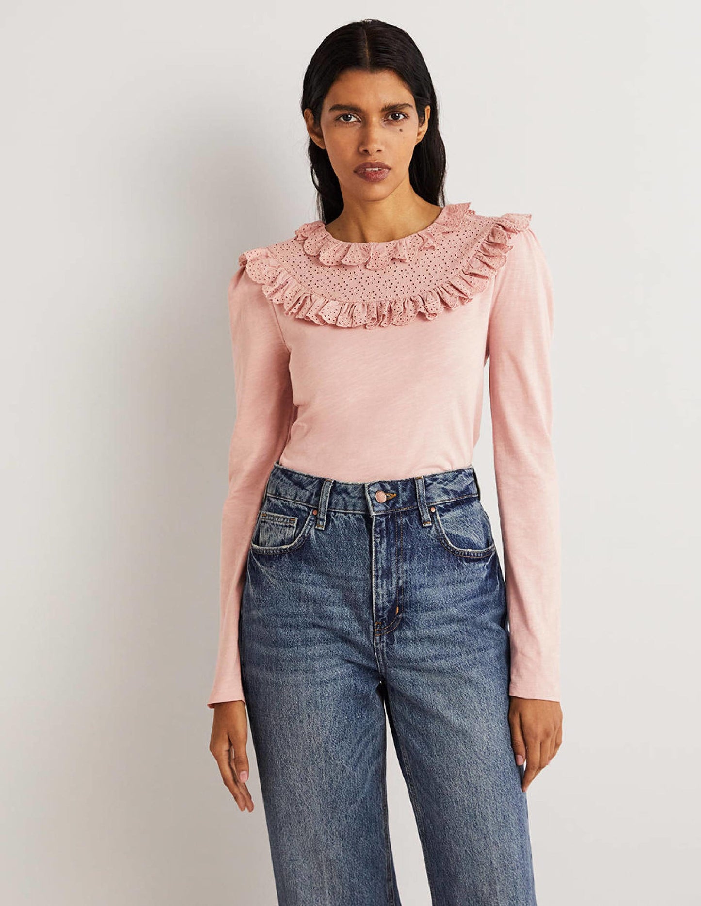 Broderie Yoke Frill Top-Milkshake Pink