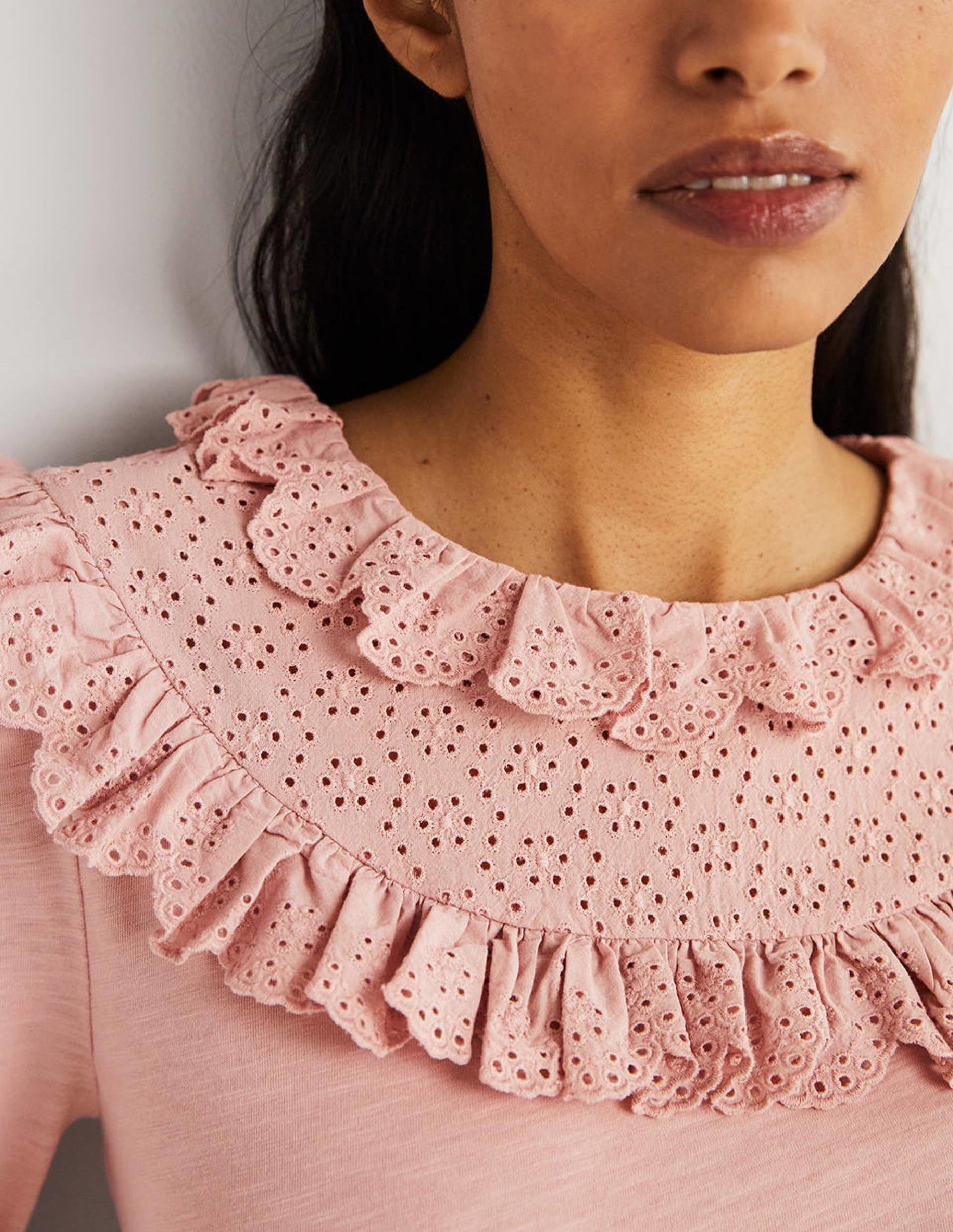 Broderie Yoke Frill Top-Milkshake Pink
