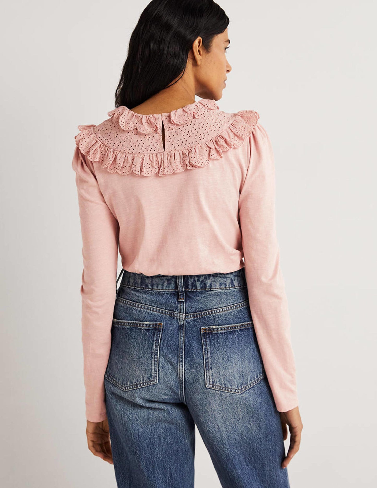 Broderie Yoke Frill Top-Milkshake Pink