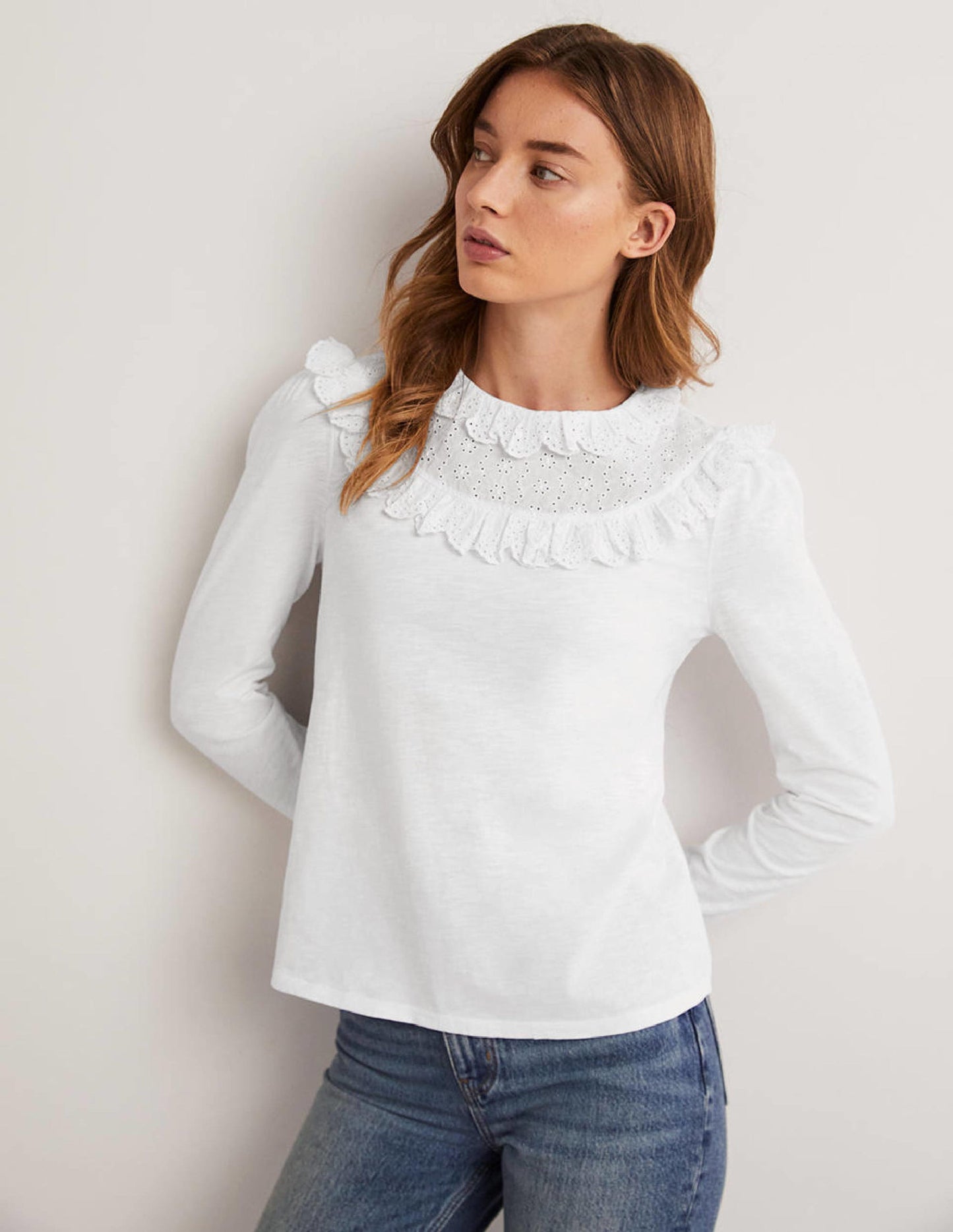 Broderie Yoke Frill Top-White