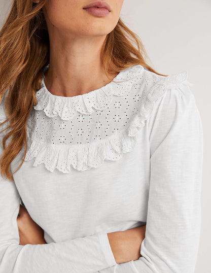 Broderie Yoke Frill Top-White-4
