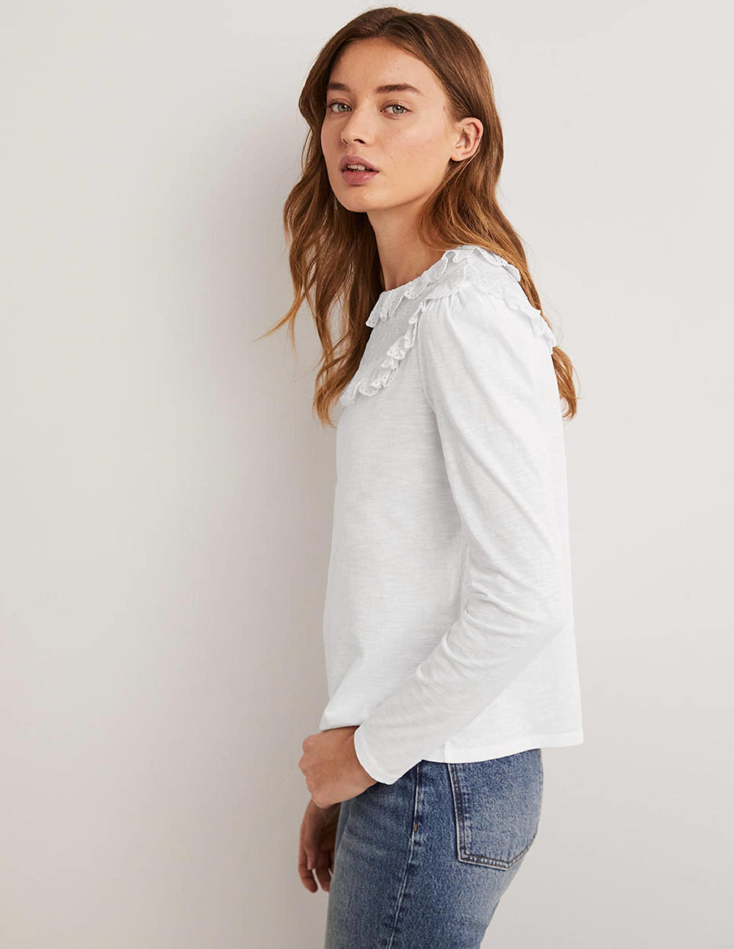 Broderie Yoke Frill Top-White