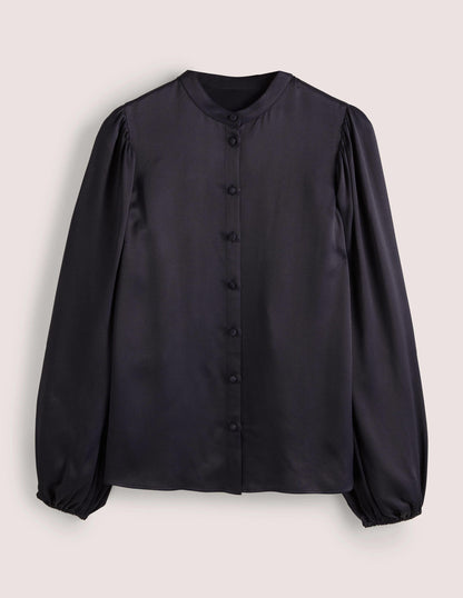Blouson Sleeve Satin Shirt-Navy-6