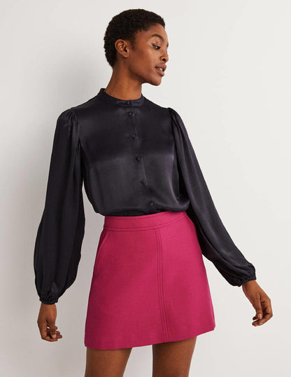 Blouson Sleeve Satin Shirt-Navy-2