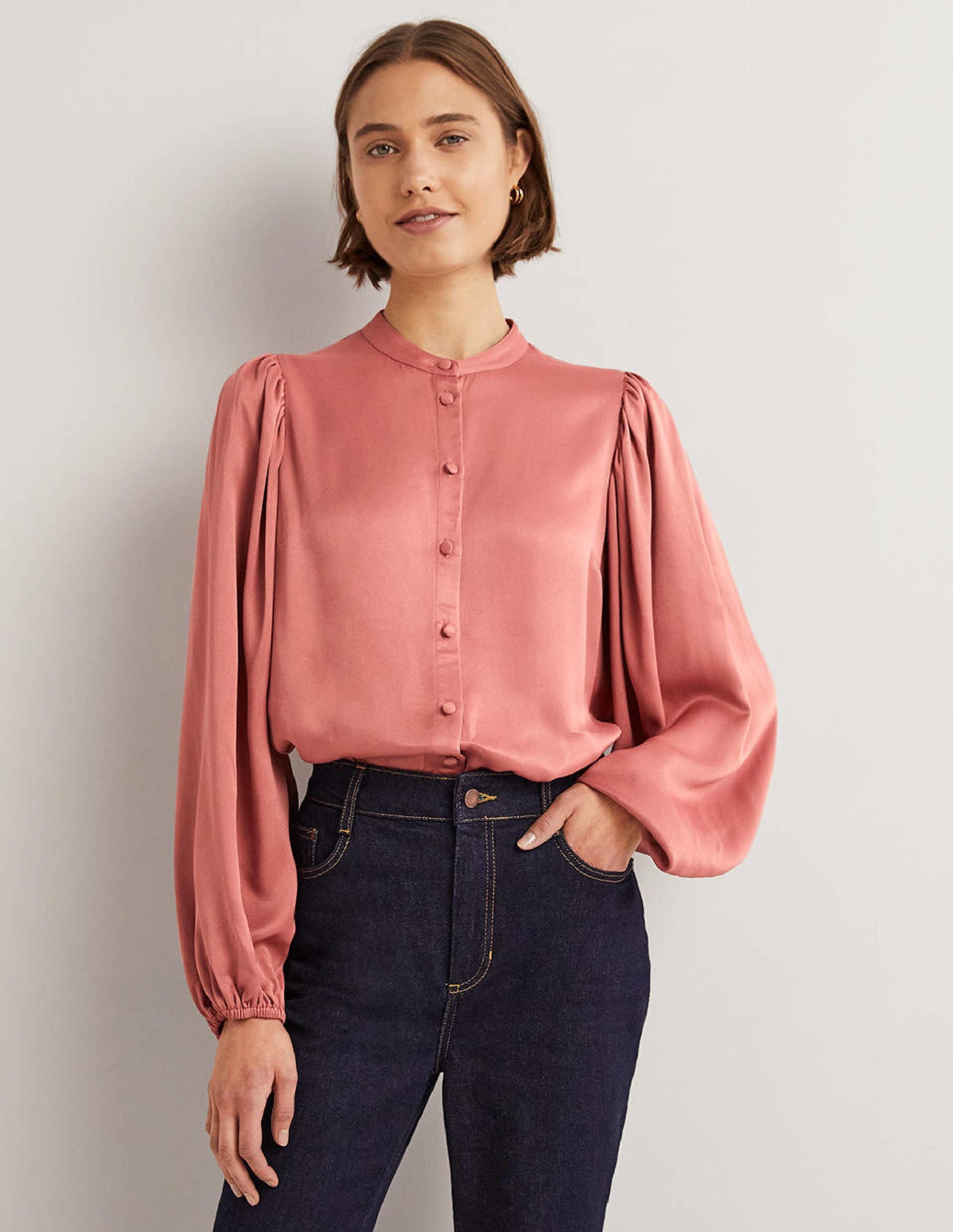 Blouson Sleeve Satin Shirt-Dusty Rose