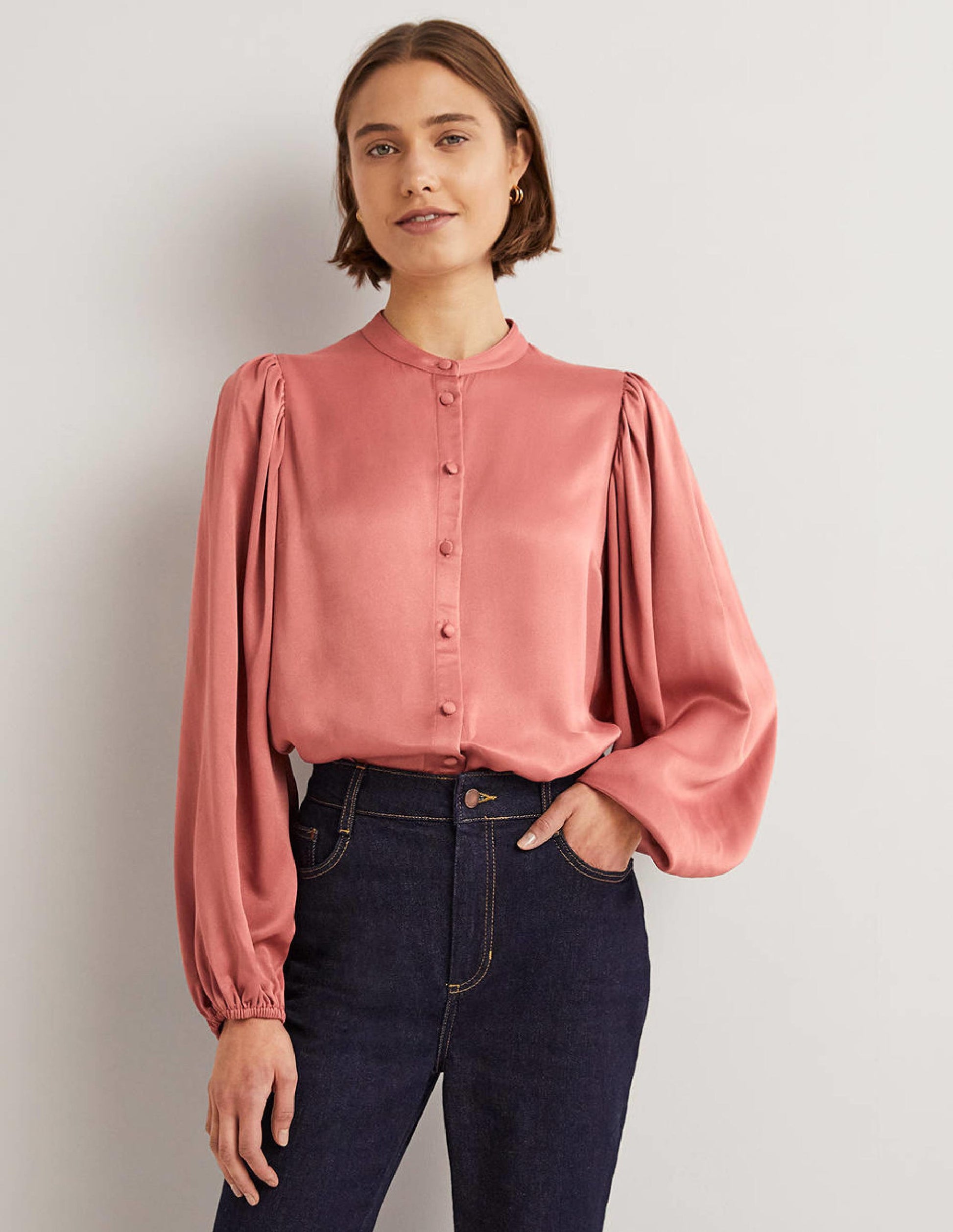 Blouson Sleeve Satin Shirt-Dusty Rose-1