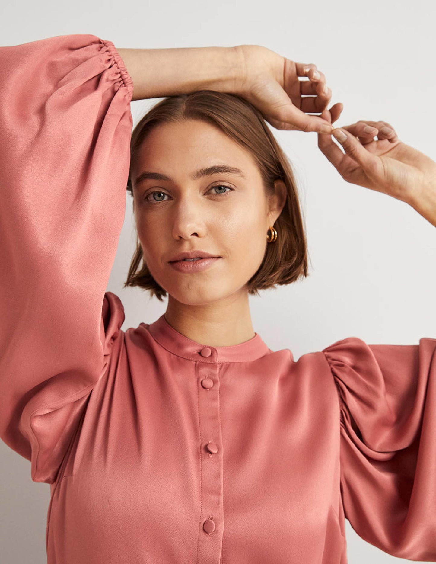 Blouson Sleeve Satin Shirt-Dusty Rose