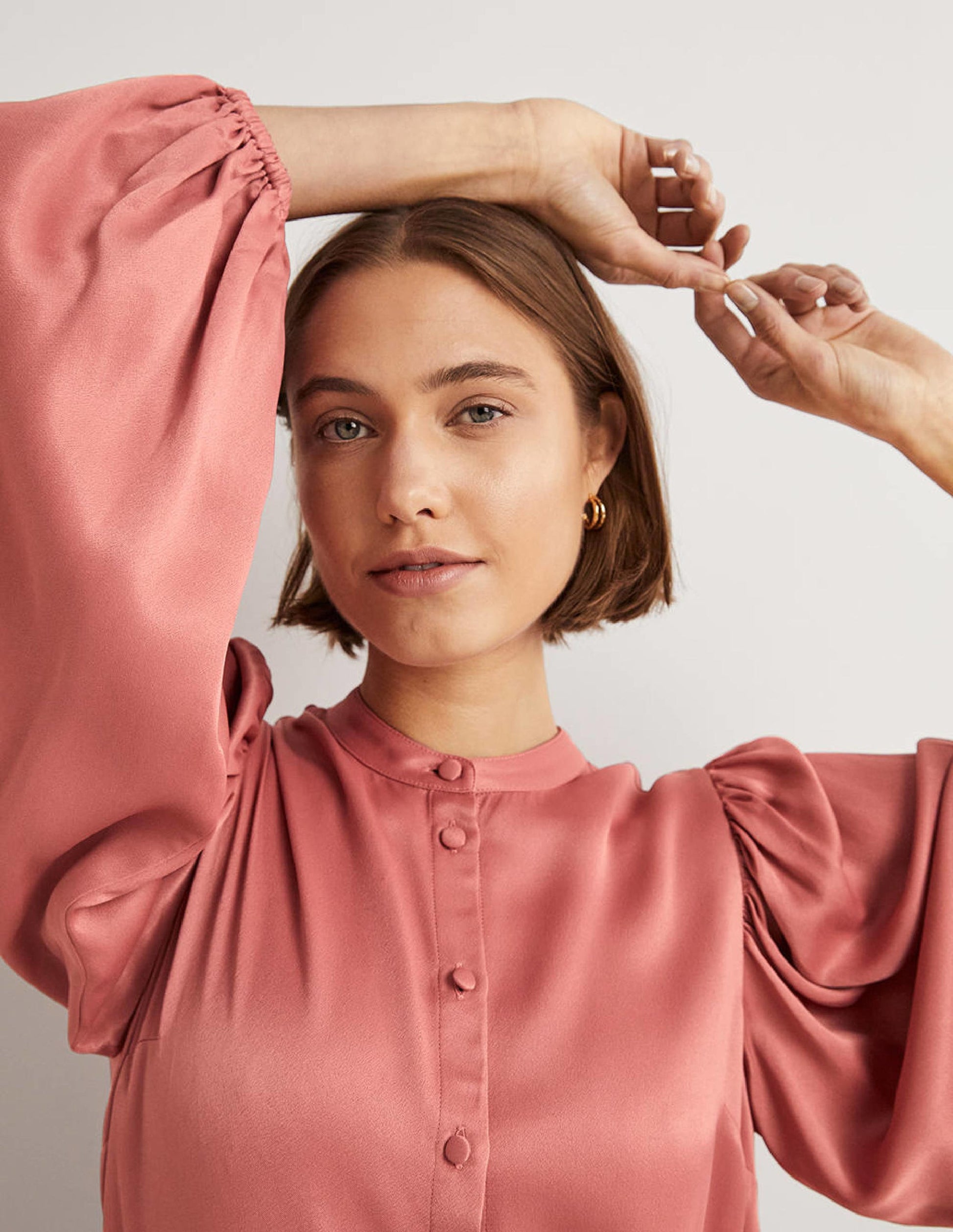Blouson Sleeve Satin Shirt-Dusty Rose-2