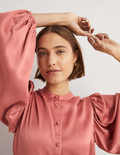 Blouson Sleeve Satin Shirt-Dusty Rose-2