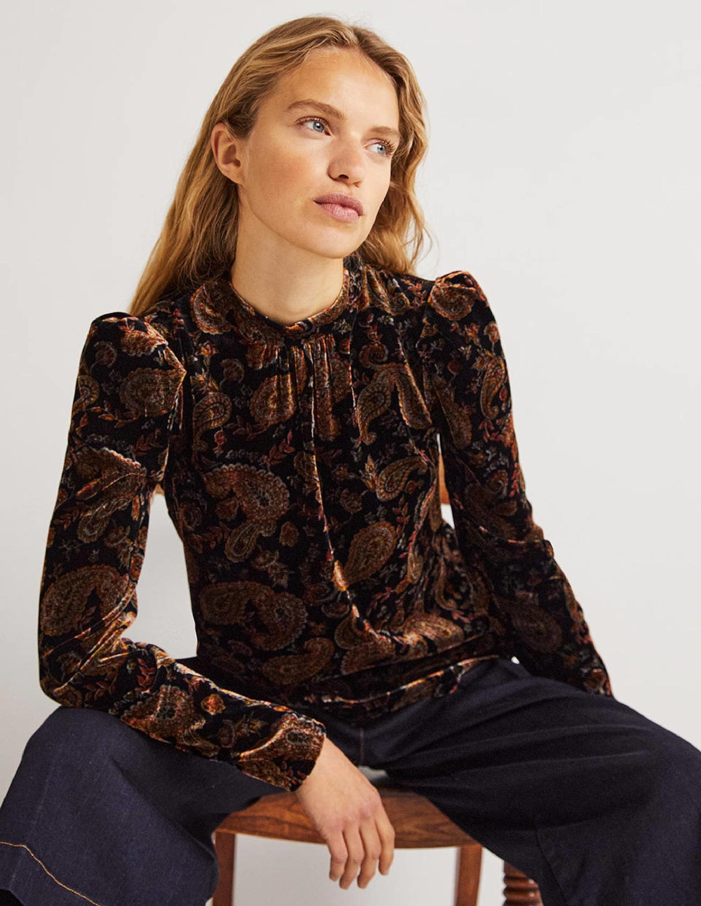 Black Paisley Mutton Sleeve Velvet Top-Black, Paisley Passion
