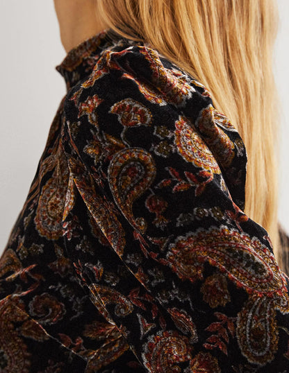 Black Paisley Mutton Sleeve Velvet Top-Black, Paisley Passion-2