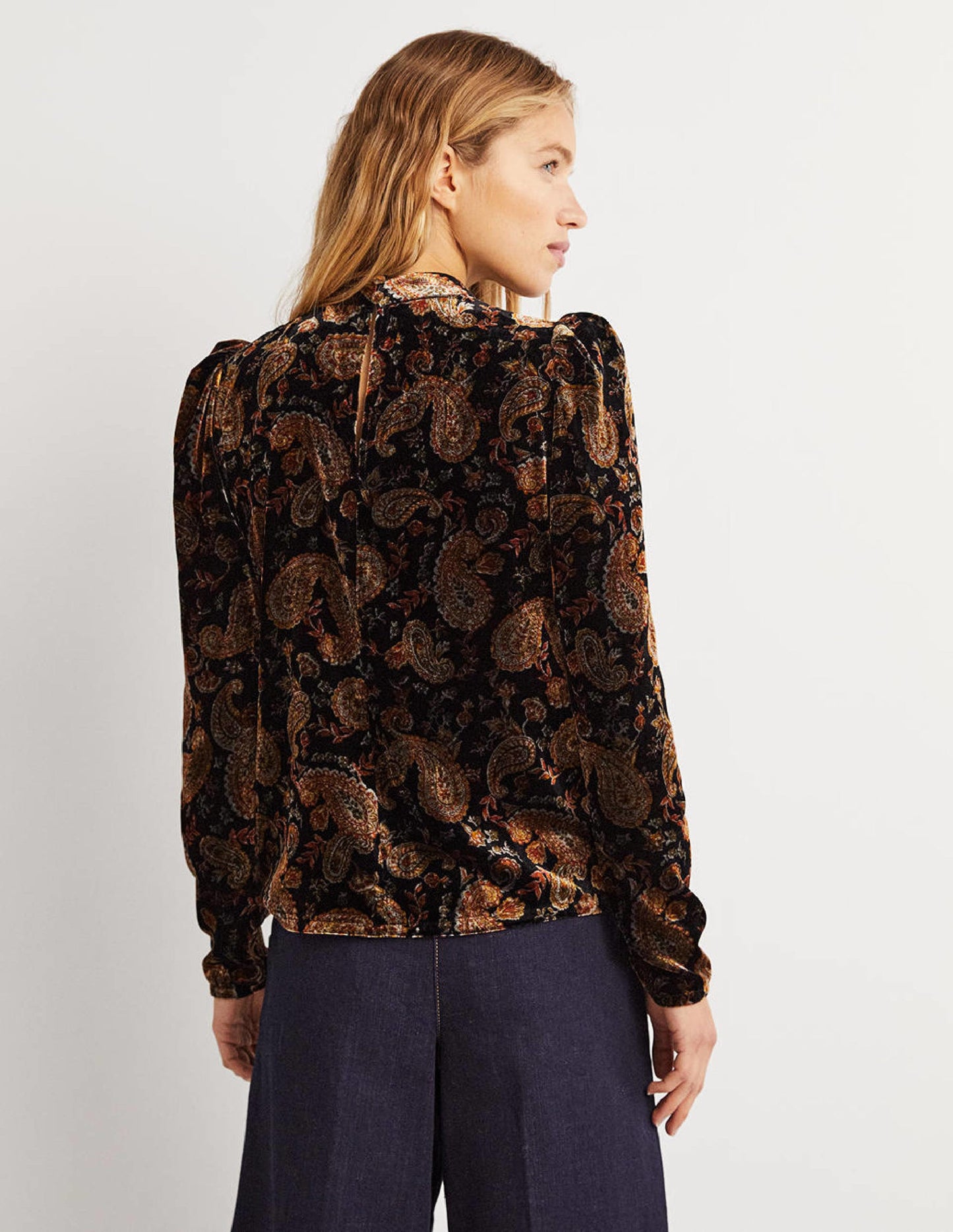Black Paisley Mutton Sleeve Velvet Top-Black, Paisley Passion