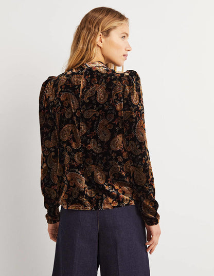 Black Paisley Mutton Sleeve Velvet Top-Black, Paisley Passion-3