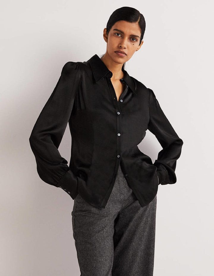 Dart Detail Satin Fitted Shirt-Black