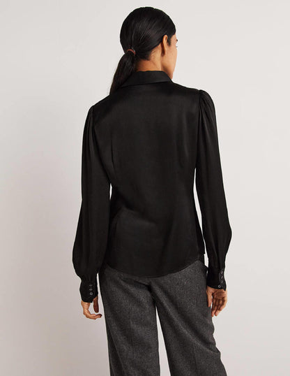 Dart Detail Satin Fitted Shirt-Black