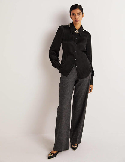 Dart Detail Satin Fitted Shirt-Black