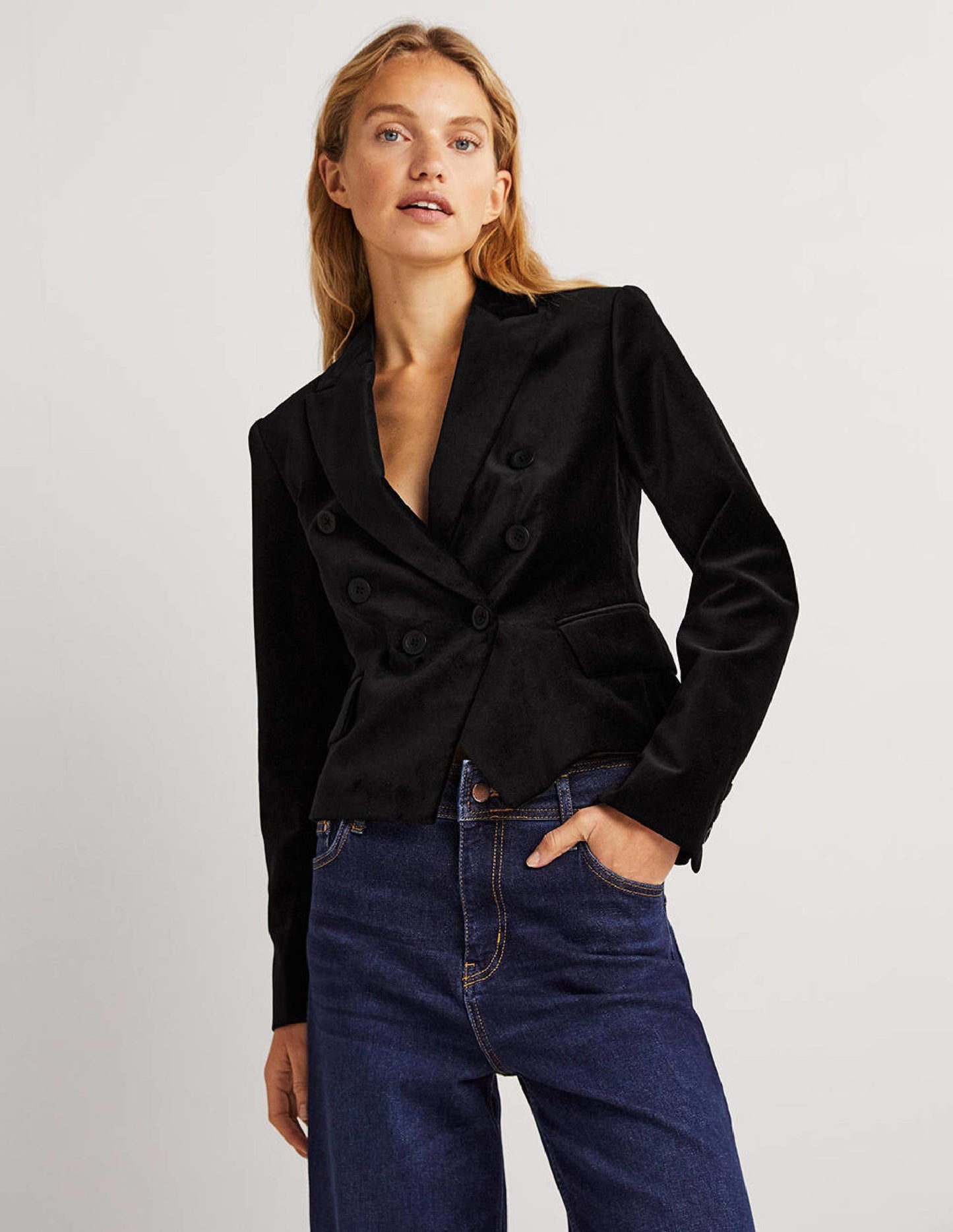 Double Breasted Velvet Blazer-Black