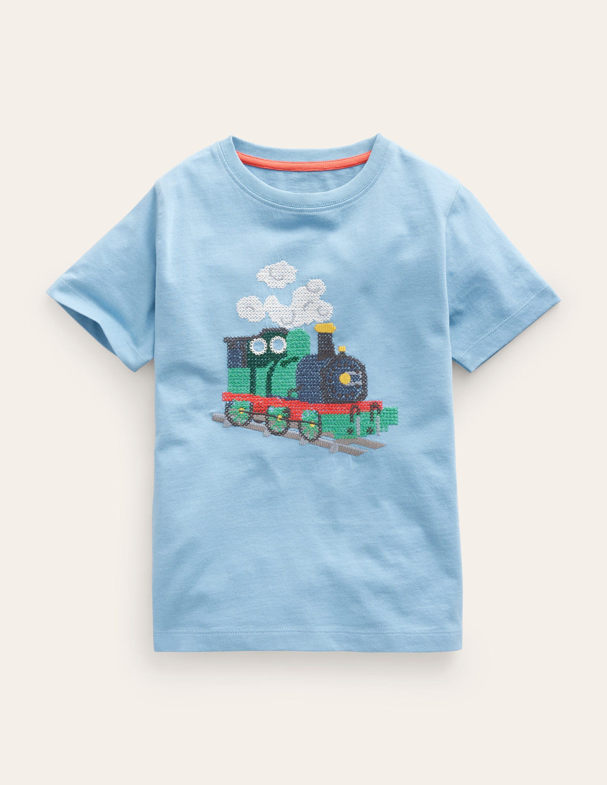 Cross-Stitch Cotton T-Shirt-Pebble Blue Train - Image 1