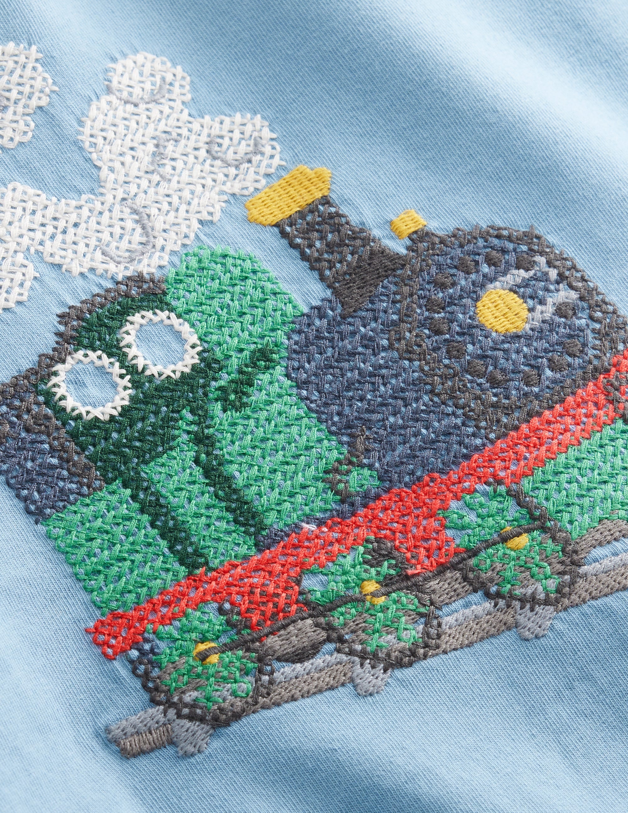 Cross-Stitch Cotton T-Shirt-Pebble Blue Train - Image 3