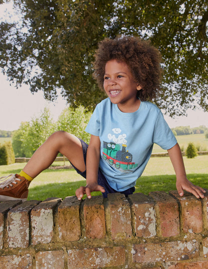 Cross-Stitch Cotton T-Shirt-Pebble Blue Train-4