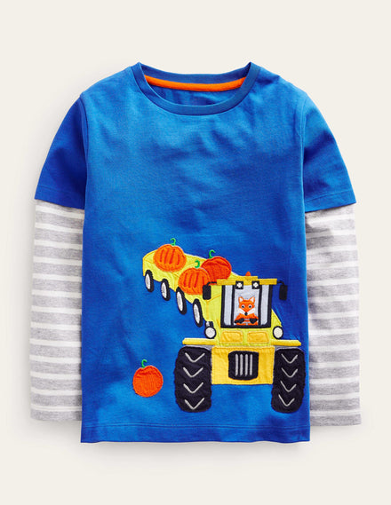 Appliqué Mock Sleeve T-Shirt-Delft Blue
