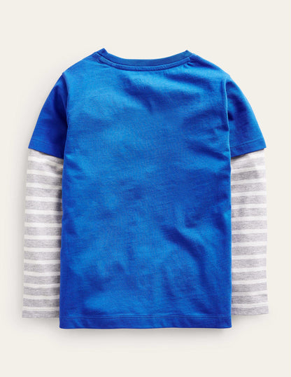 Appliqué Mock Sleeve T-Shirt-Delft Blue-2
