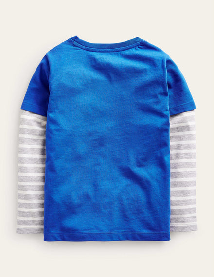 Appliqué Mock Sleeve T-Shirt-Delft Blue